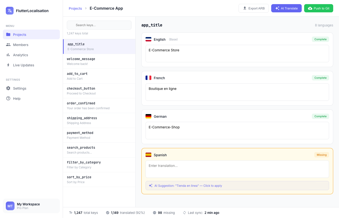 FlutterLocalisation visual translation editor showing side-by-side language comparison